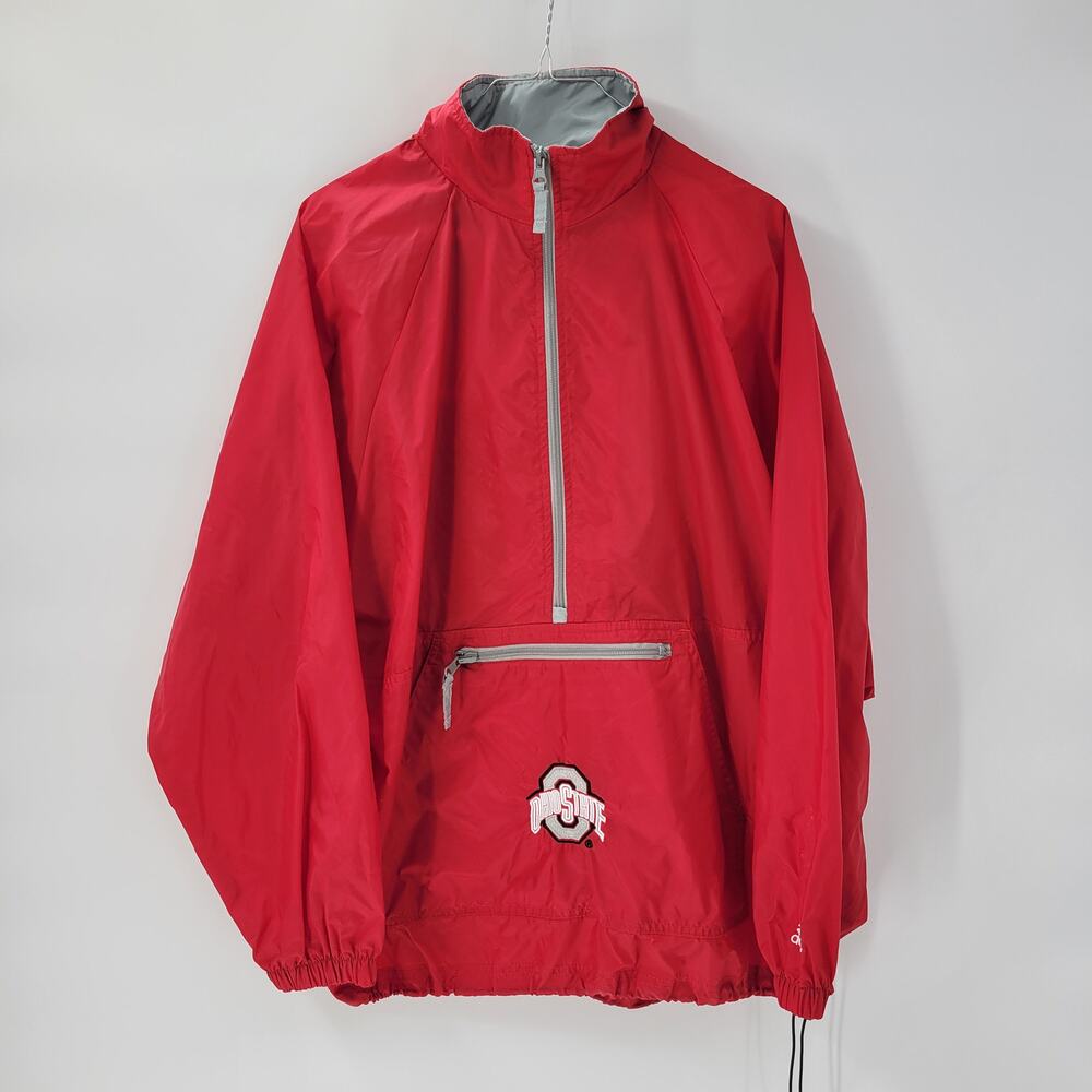 VTG Adidas Ohio State Windbreaker Youth XL Red Gray Hooded Half Zip OSU BUCKEYES